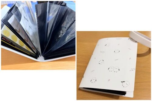 リメイク：完成したじゃばらファイルが大きく開きポストカードやシールを収納した状態