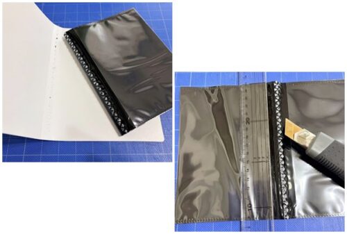 フォトアルバムの背表紙をカットしてポケットを切り離す工程
